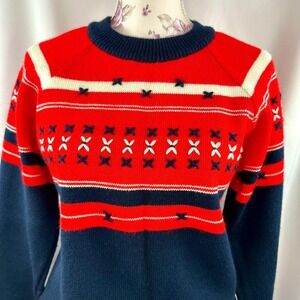 Vintage 70s Ski Sweater Red Navy Blue White Fair Isle Veneto by Seaton Women's L